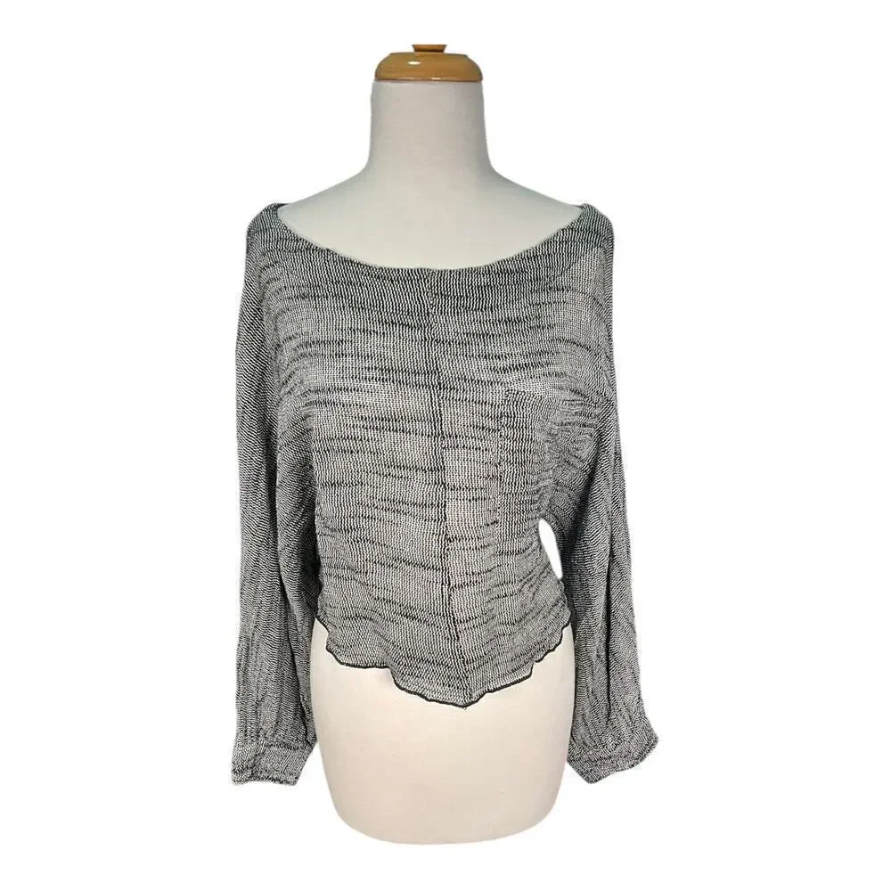 Free People Black & White Boat Neck Tight Knit Long Sleeve Cropped Sweater Small